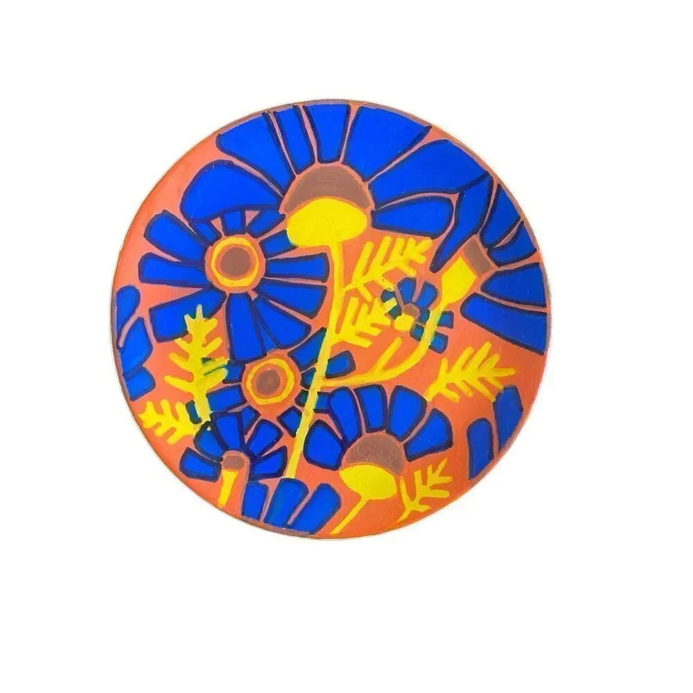 Hand painted Trinket tray abstract colors orange blue floral